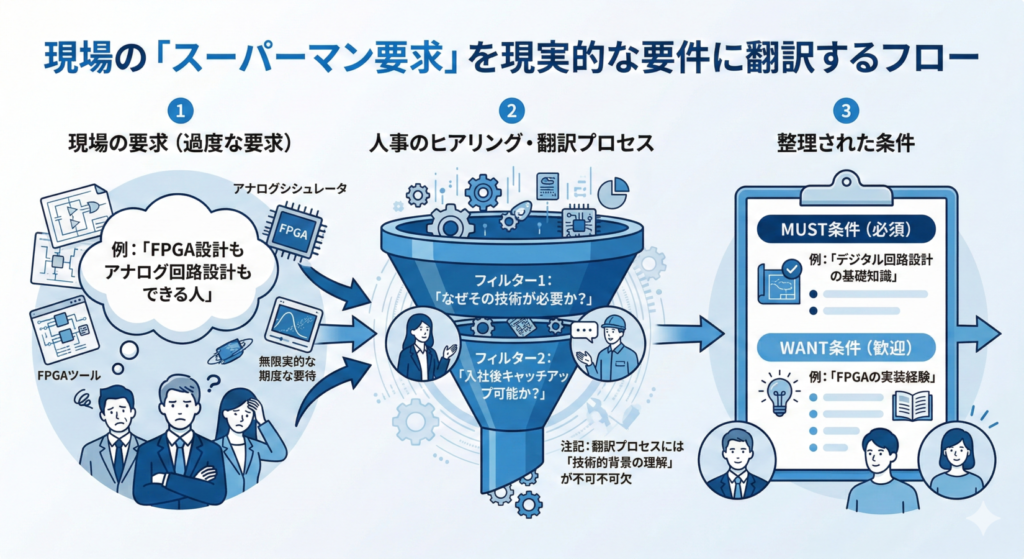 現場の「スーパーマン要求」を現実的な要件に翻訳するフロー